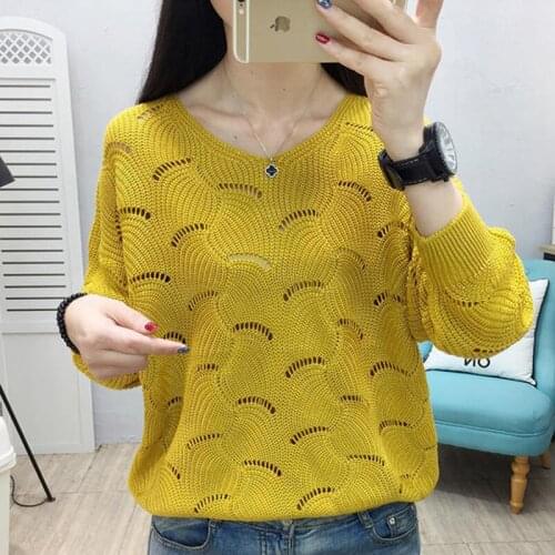 New Hollow Out Womens Sweater Autumn Casual V-Neck Long Sleeve Pullover Loose Knitted Top Korean Bottom Thin Jumper Female 2021