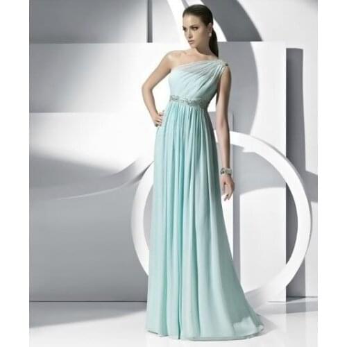 Free shipping vestido de festa 2015 new hot sexy crystal sashes Elegant Green One-shoulder long Weddings Bridesmaid Dresses