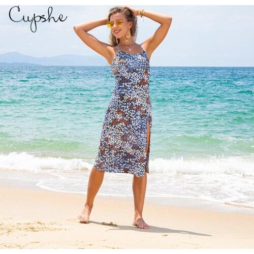 CUPSHE Blue Leopard Print Midi Dress For Woman Sexy Split Spaghetti Straps Beach Dress 2021 Summer Casual Sundress Vestidos