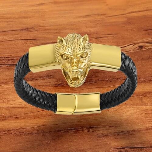 2020 Fashion Casual Braided Genuine Leather Charm Men Bracelets Jewelry Rock Punk Bangles Stainless Steel Magnet Gold