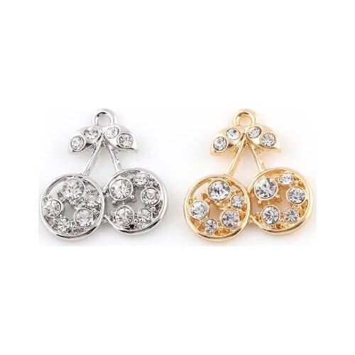 25x27mm (Gold,Silver Color) 20PCS/lot Rhinestones Cherry Pendant DIY Accessory Charms Fit For Floating Locket Jewelrys