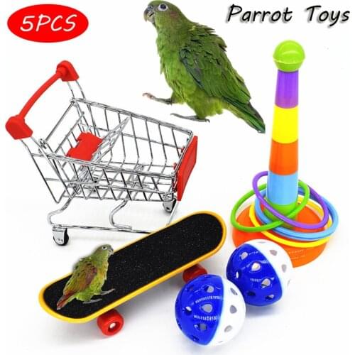 5 Pack Bird Cage Toys for Parrots Stand Shopping Cart Swing Hanging Chewing Bridge Wooden Beads Ball Bell Toys Training Rings