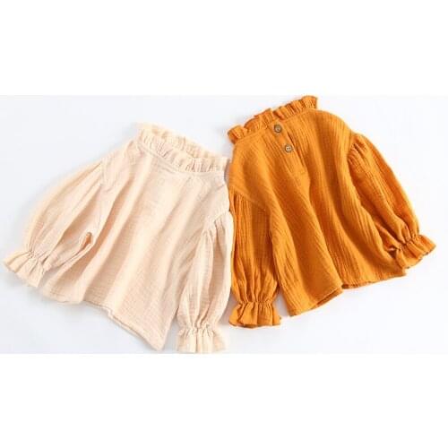 Cotton linen Blouse For Girls Solid ivory/khaki Blouse For Girls Lace bottom Shirt For toddler School Clothes children Age 1-8t