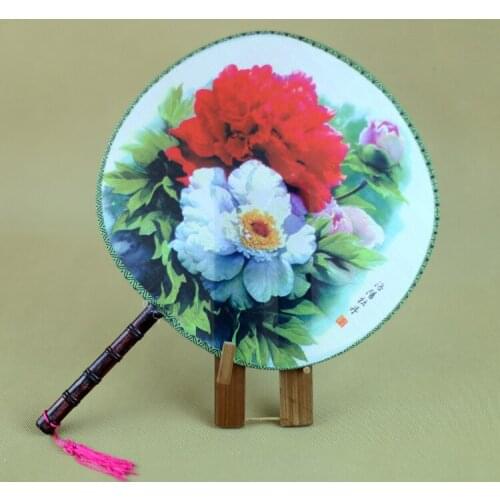 10pcs Large Peony Flower Round Chinese Silk Dancing Fans Handle 3d Print Ladies Show Costume Decorative Accessories