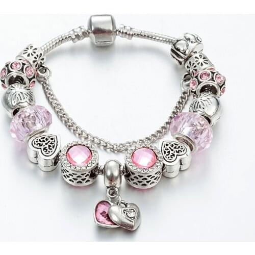 ANNAPAER Fashion Pink Crystal Tether Beads Bracelets Silver Color Heart Charm Bracelets for Women DIY Handmade Jewelry B16142