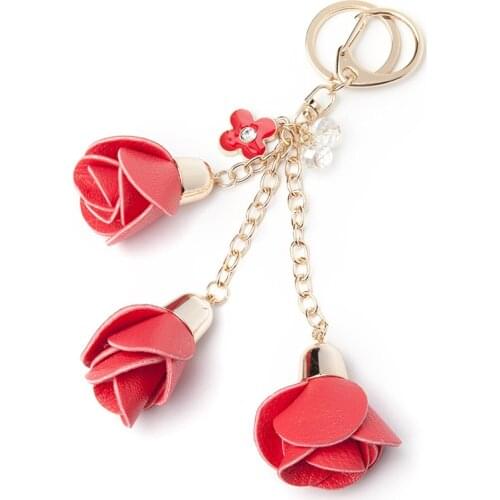 Charms Leather PU Rose Flowers Keychain Cute Tassel Flower Key Chain Women Key Rings Female Bag Pendants Jewelry Llaveros