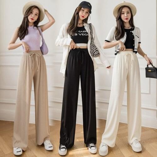 Slacks Womens Loose Summer Pants Soft Ice Silk Ankle-Length Black Wide Leg Pants Grey Khaki Women High Waisted Trousers