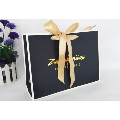500Pcs/Lot Fashion Custom Boutique Clothes Shopping Paper Bag Black Luxury Packaging Printing Bags with Cotton Handle for Gifts
