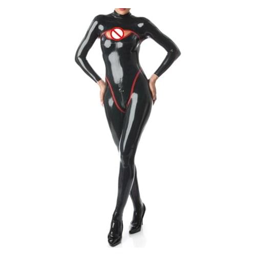 Black Latex Catsuit Open Breast Chest Zentai Rubber Fetish Bodysuit Latex Plus Size Jumpsuit Adult Sexy Costume w/o Hands Hood