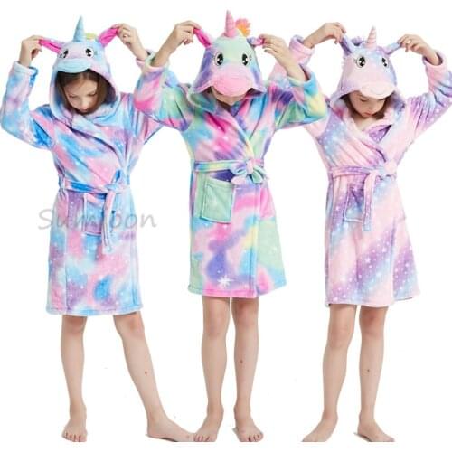Kigurumi Unicorn Animal Boys Girls Sleepwear Onesie Pajamas Childrens Bathrobes Flannel Hooded Towel Robes Kids Dressing Gowns