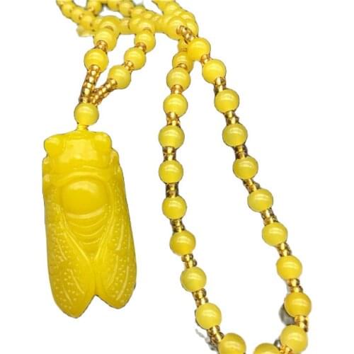 Chinese hand-carved jades yellow jade gold cicada Jade Pendant Necklace