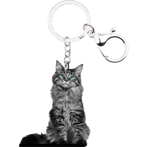 Maine Coon Cat cute keychain animal mini acrylic Not 3D car key drop charms girlfriends gift accessories chain silver keyring