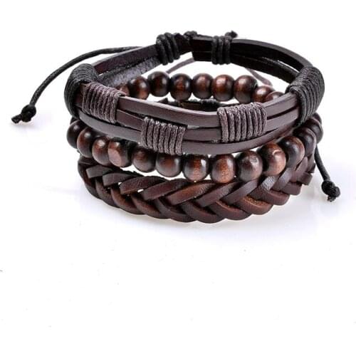 Multilayer Bracelet Men Casual Fashion Braided Leather Bracelets For Women Wood Bead Bracelet Punk Rock Men Jewelry Dark Brown