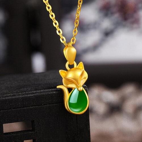 FASHION CUTE FOX GREEN JADE EMERALD GEMSTONES PENDANT NECKLACES FOR WOMEN GIRL 18K GOLD COLOR CHOKER JEWELRY BIRTHDAY GIFT NEW