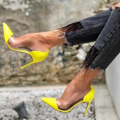 Moraima Snc Sexy Pointed Toe High Heel Shoes Transparent PVC Patchwork Thin Heels Pumps Woman Sexy Stiletto Heels