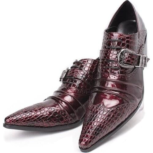 Mens genuine leather dress gents shoes crocodile burgundy mens shoes pointed toe office oxford high heel monk strap italian