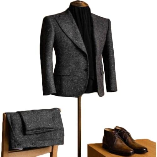 Newest Handsome Men Suits Winter Tweed Notch Lapel Dark Gray Regular 2 Piece Wool Two Button Blend Vintage Tailored Fit
