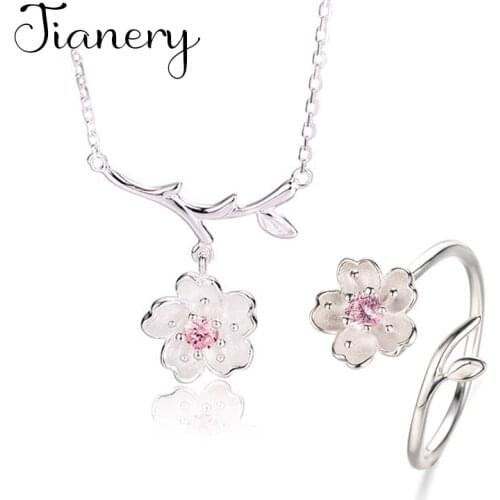 New Arrivals Fashion Pink Cheery Flower Rings Necklaces Pendant Jewelry Sets for Women Wedding Statement Jewelry