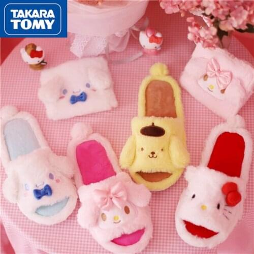 TAKARA TOMY Casual Slippers Female Cartoon Hello Kitty Plush Cotton Shoes Soft Winter Warm Shoes