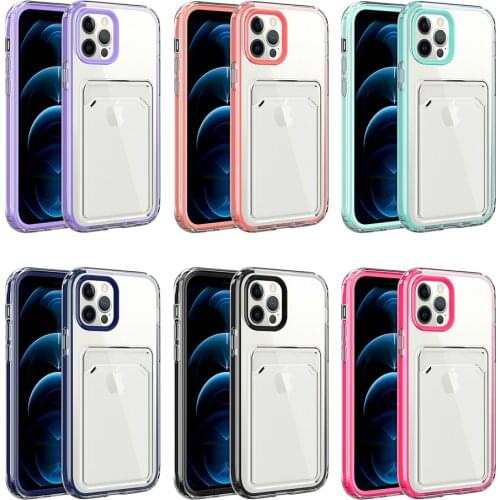 Clear Silicone Card Pocket Wallet Case For iphone 12 Pro Max Mini 11 Xs X XR SE7 8 Hard Bumper Frame Photo Bag Storage Cover