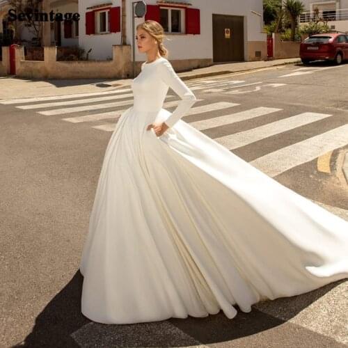 Robes De Mariée Luxury Matte Soft Satin A-line Wedding Dresses O Neck Detachable Feather Embroidery Gowns Backless Long Sleeve