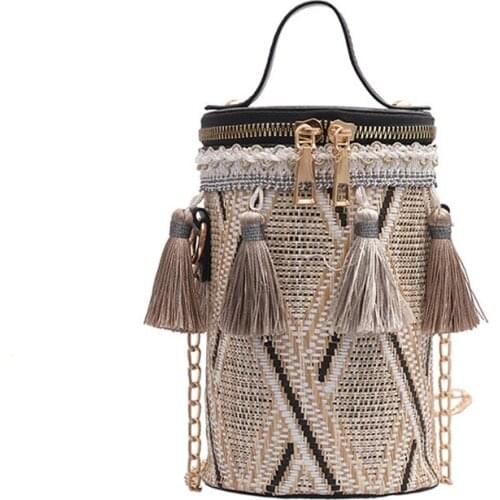 Small Straw Woven Bucket Bags Bohemian National Style Tassel Chain Shoulder Messenger Bag Barrel Clutch Cellphone Pures For Girl