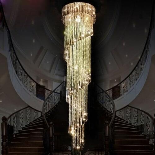 Modern Clear LED K9 Crystal Chandelier Long Suspension Compound Rotate Villa Stairs Hanging Lamp Dining Room Lamp Droplight