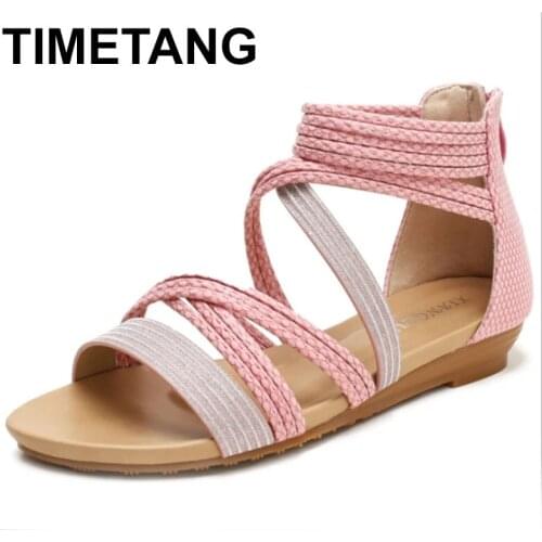 TIMETANG2021 Spring and Summer New Cross-belt Slope with Roman Sandals Bohemia Ethnic Style All-match Holiday Womens Shoes