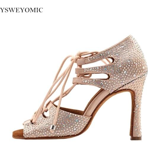 Latin Dance Shoes Customized Heel ladies 3 colors Satin Rhinestone soft sole Square Dancing Shoes for Women