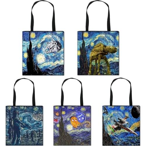 Starry Night Van Gogh Painting Tote Bag Fashion Starry Printing Environmental Protection Foldable Shopping Bag Girl Shoulder Bag