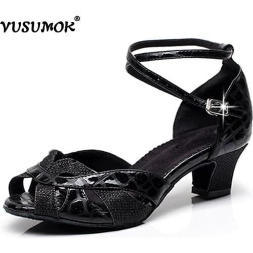 VUSUMOK Modern velvet net Women Latin Tango Dance Shoes Salsa Ballroom Shoes Dancewear Open Toe Square Lace Heels Plugs size
