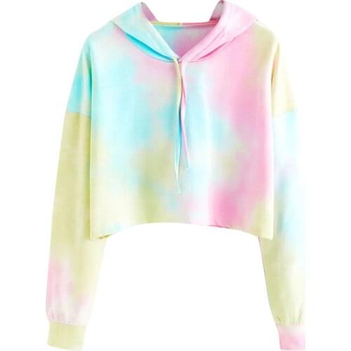 Vintage Women Tie Dye Printed Hoodies Colorful Patchwork Long Sleeve Sweatshirt Fashion Fresh Pullover Short Tops Moletom