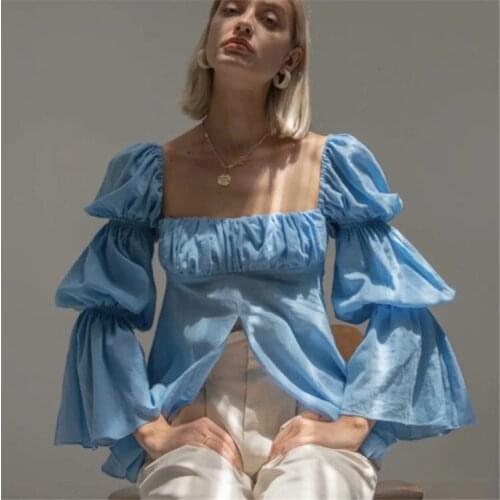 2021 Womens Fashion T-shirt Square Collar Long Sleeve Ruffles Vintage Shirts Top Solid Color Cotton Classic Blouses T Shirts