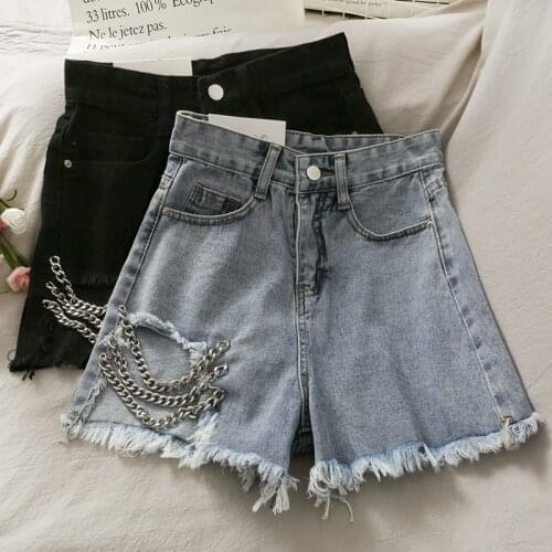 2021 Summer Women Fashion High Waist Denim Jeans Pants Pocket Chain Hole Shorts Casual Streetwear Trousers
