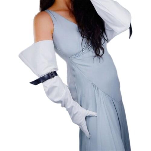 LATEX LEATHER GLOVES Female 70cm Long Wide Sleeve Loose Faux Leather White Adjustable Leather Belt Women Gloves WPU330