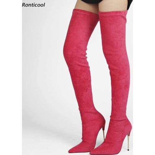 Ronticool New Women Spring Thigh High Flexible Boots Slip On Metal Heel Pointed Toe Fuchsia Purple Party Shoes Us Size 5-13