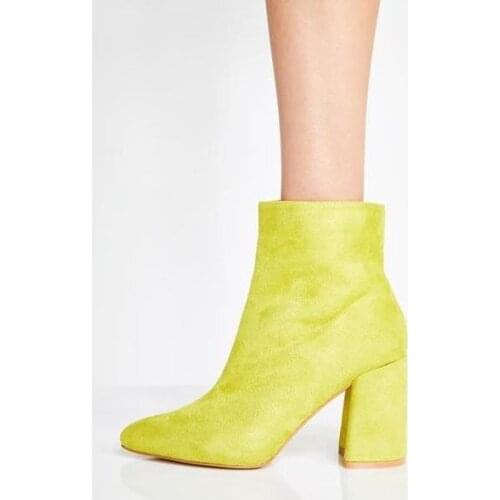 Womens Winter Boots Suede Purple Yellow Pointed Toe Square Heels Ankle Boots Fashion Designer 2018 Ladies Short Dress Shoes