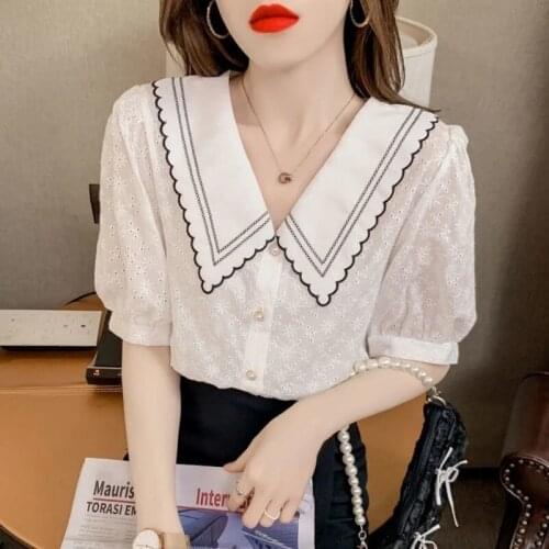 Doll collar shirt female summer 2021 new design sense niche French temperament hollow western short-sleeved top