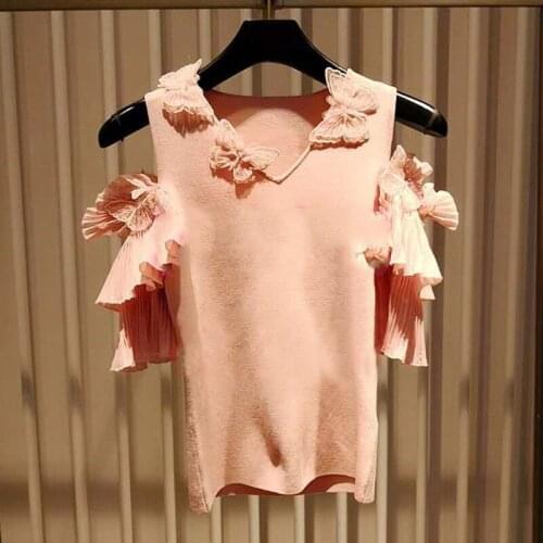 Good Quanlity Fancy Nice Color Pink V Neck Chiffon Pleated Ruffles Patchwork Slim Fit Sweater Women Knitted Top Pull Femme