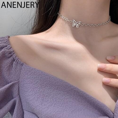 ANENJERY 925 Sterling Silver Hollow Butterfly Choker Necklace For Women Punk Party Jewelry Gifts Wholesale S-N697