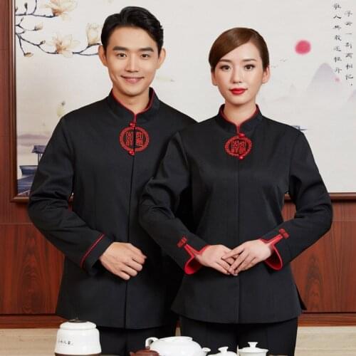 2020 Chinese Traditional Waiter Work Clothing Spring/Autumn Hotel Restaurant Long Sleeve Black Waitress Uniform Wholesales