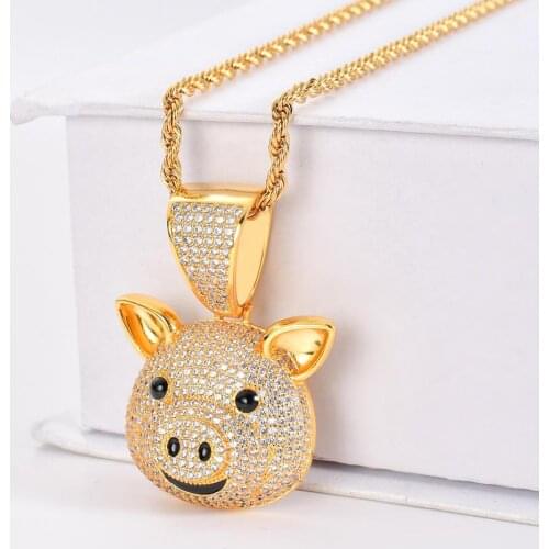 Freewear Top Quality Brass Animal Pig Pendant Iced Out Zircon Stone Collier Gold Mens Necklace Hip Hop Jewelry