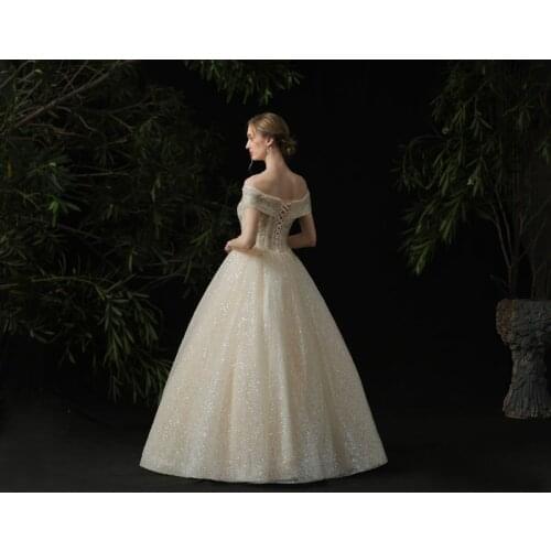 Clearance ProductionChampagne Sparkle Lace Floor Length Wedding Dress Ball Gown