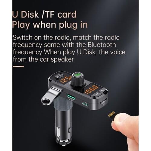 Bluetooth-Compatible 5.0 FM Transmitter Handsfree Car Kit Music Receiver Cigarette lighter Adapter USB PD3.0 Charger LED Display