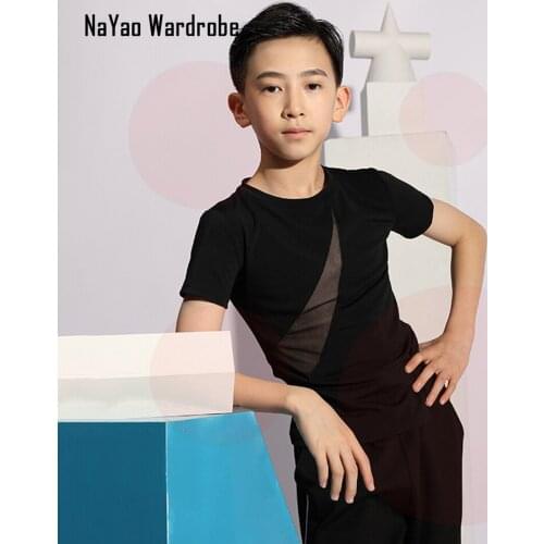 G5042 Short Sleeve Kids Latin Dance Tops Patchwork Design Male Latin Dancing Tops Belly Ballroom Tango Dresses
