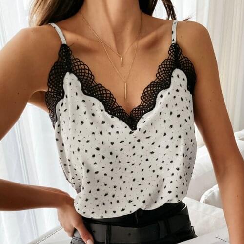 40# Elegant Lace Tanks Women Patchwork Casual Spaghetti Strap Sleeveless Lace Dot Print V-neck Camisoles Tops Кроп Топ Женский