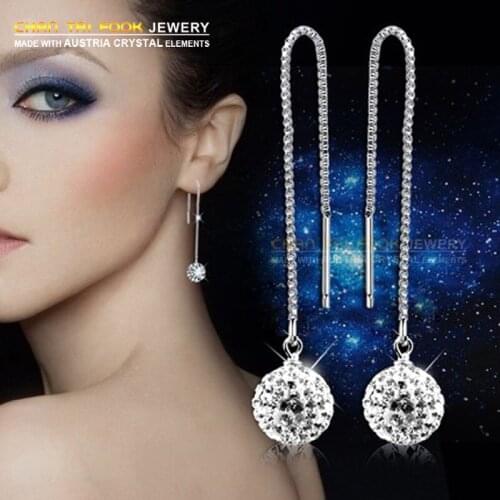 IREACESS New design silver plated chain fashion jewelry earrings , 10mm rhinestone ball long drop earrings for women