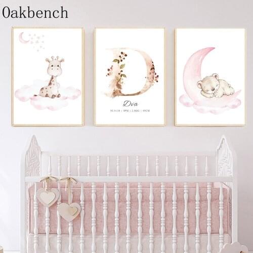 Moon Cloud Wall Art Painting Custom Name Poster Deer Bear Canvas Print Nursery Posters Nordic Wall Picture Pink Girls Room Decor