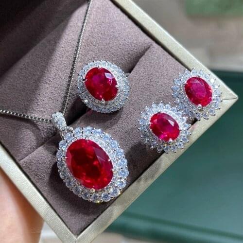 Real 925 Sterling Silver Created Ruby Gemstone Necklace Earrings Ring Luxury wedding Jewellery set bridal jewelry for women