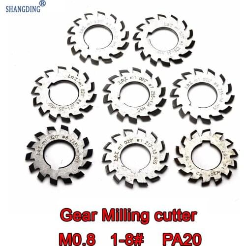 M0.8 modulus PA20 degrees NO.1-NO.8 8pcs/set HSS Gear Cutters Set Free shipping machine tools accessories